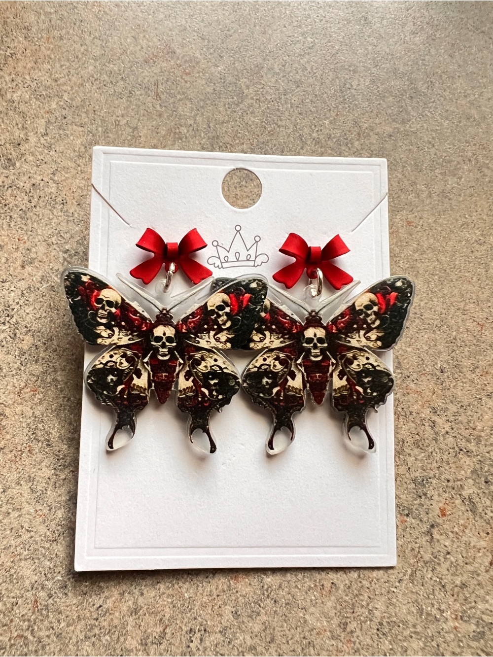 NWT Red Skull Moth Skull Earrings with Red Bow Studs Gothcore Whimsygoth Artisan